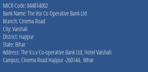 The Vsv Co Operative Bank Ltd Cinema Road MICR Code