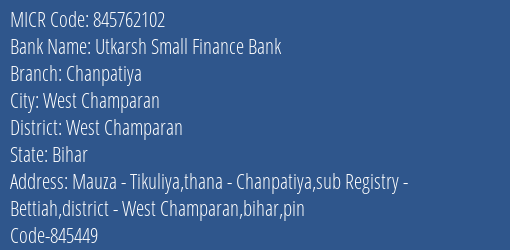 Utkarsh Small Finance Bank Chanpatiya MICR Code