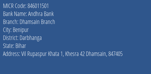 Andhra Bank Dhamsain Branch MICR Code