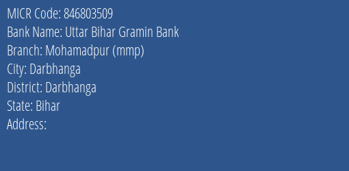 Uttar Bihar Gramin Bank Mohamadpur Mmp MICR Code