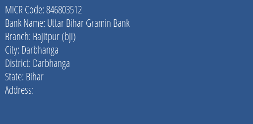 Uttar Bihar Gramin Bank Bajitpur Bji MICR Code