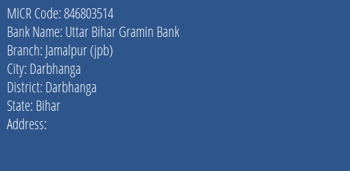 Uttar Bihar Gramin Bank Jamalpur Jpb MICR Code