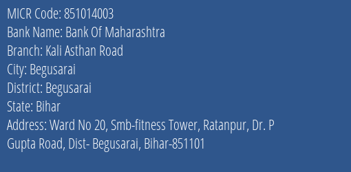 Bank Of Maharashtra Kali Asthan Road MICR Code