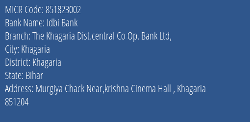 The Khagaria Dist Central Co Op Bank Ltd Murgiya Chack MICR Code