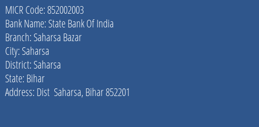 State Bank Of India Saharsa Bazar Branch Address Details and MICR Code 852002003