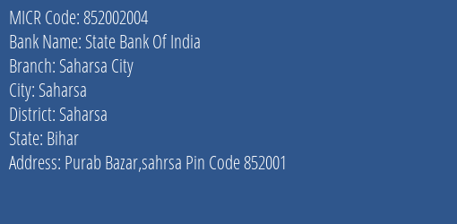 State Bank Of India Saharsa City Branch Address Details and MICR Code 852002004