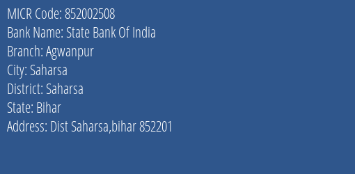 State Bank Of India Agwanpur Branch Address Details and MICR Code 852002508