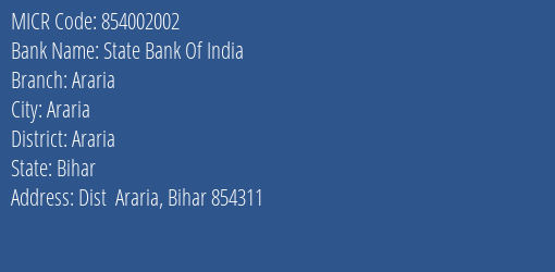 State Bank Of India Araria Branch Address Details and MICR Code 854002002