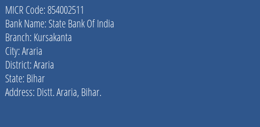 State Bank Of India Kursakanta Branch Address Details and MICR Code 854002511