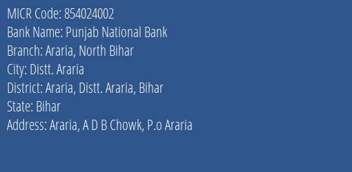Punjab National Bank Araria North Bihar Branch Address Details and MICR Code 854024002