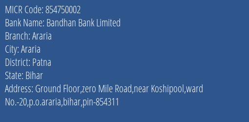 Bandhan Bank Limited Araria MICR Code