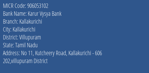 Karur Vysya Bank Kallakurichi Branch Address Details and MICR Code 906053102